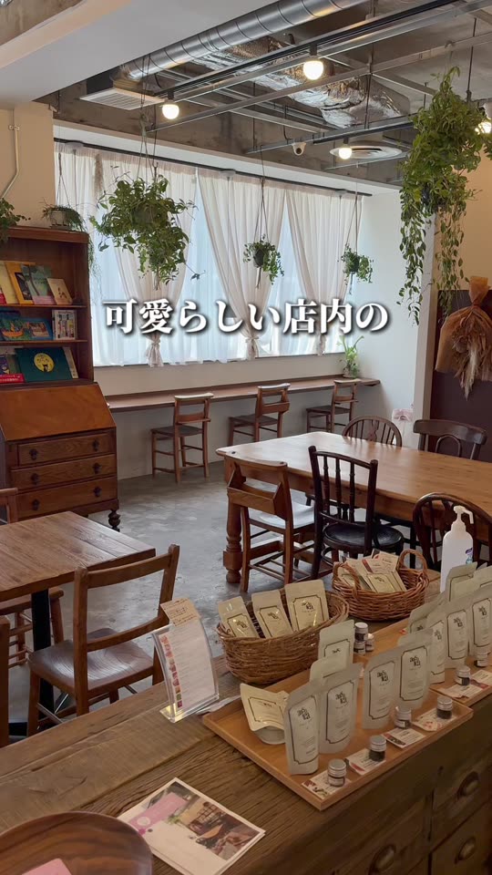 グリーンと木の家具が並ぶ店内