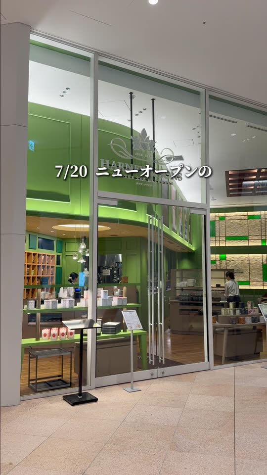 緑の棚が並ぶ紅茶専門店の店頭